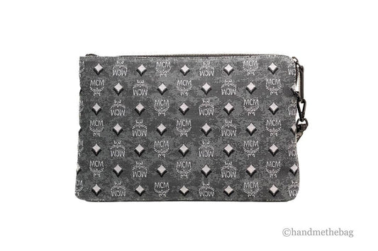 MCM Veritas Medium Dark Grey Denim Monogram Logo Canvas Clutch Pouch Handbag