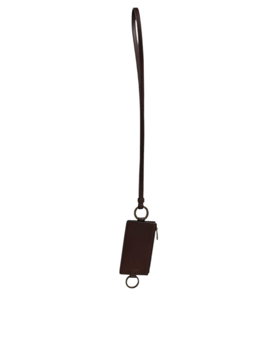 Dolce & Gabbana Brown Calf Leather Lanyard Logo Card Holder Wallet