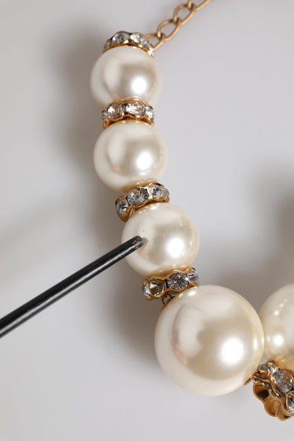 Dolce & Gabbana White Maxi Faux Pearl Beads Crystals Gold Chain Necklace