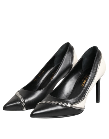 Saint Laurent White Black Leather Pointed Toe Heels Shoes