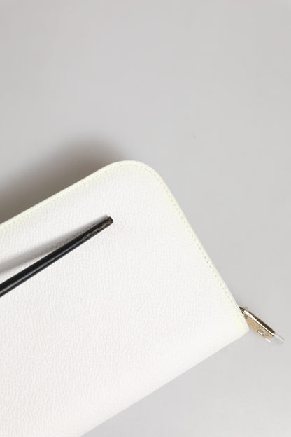 Dolce & Gabbana White Leather Logo Plaque Zip Around Continental Wallet