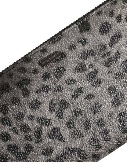 Dolce & Gabbana Black Gray Leopard Leather Zip Around Continental Wallet