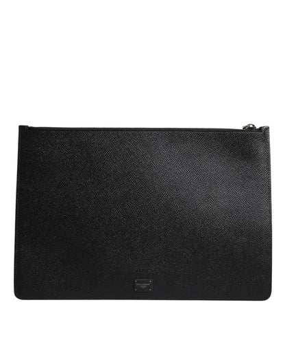 Dolce & Gabbana Black Leather Golden Pig Print Men Clutch Pouch Borse Bag